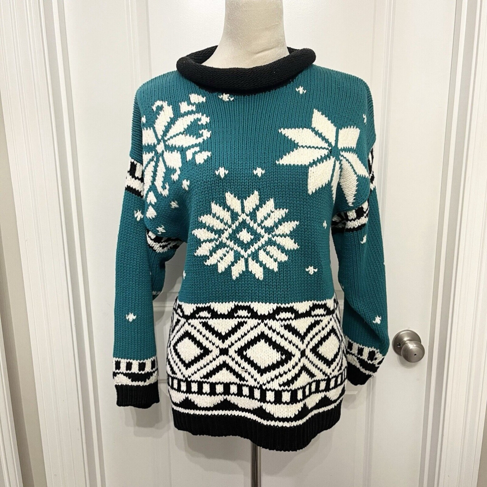 MEXX Europe VTG Teal Mock Neck‎ Knit Sweater- Snowflake Geometric Print- SZ S